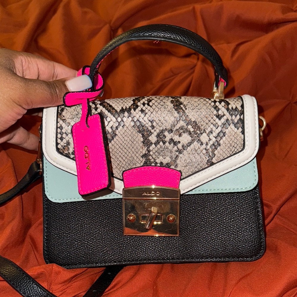 Aldo Black and Pink Mini Bag with Snakeskin Detail